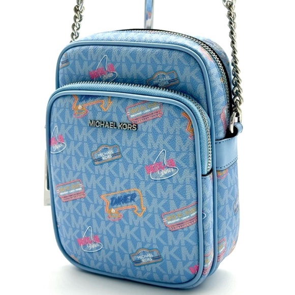 Michael Kors Jet Set Medium Printed Signature Logo Crossbody Bag Light Sky Blue - Picture 1 of 11
